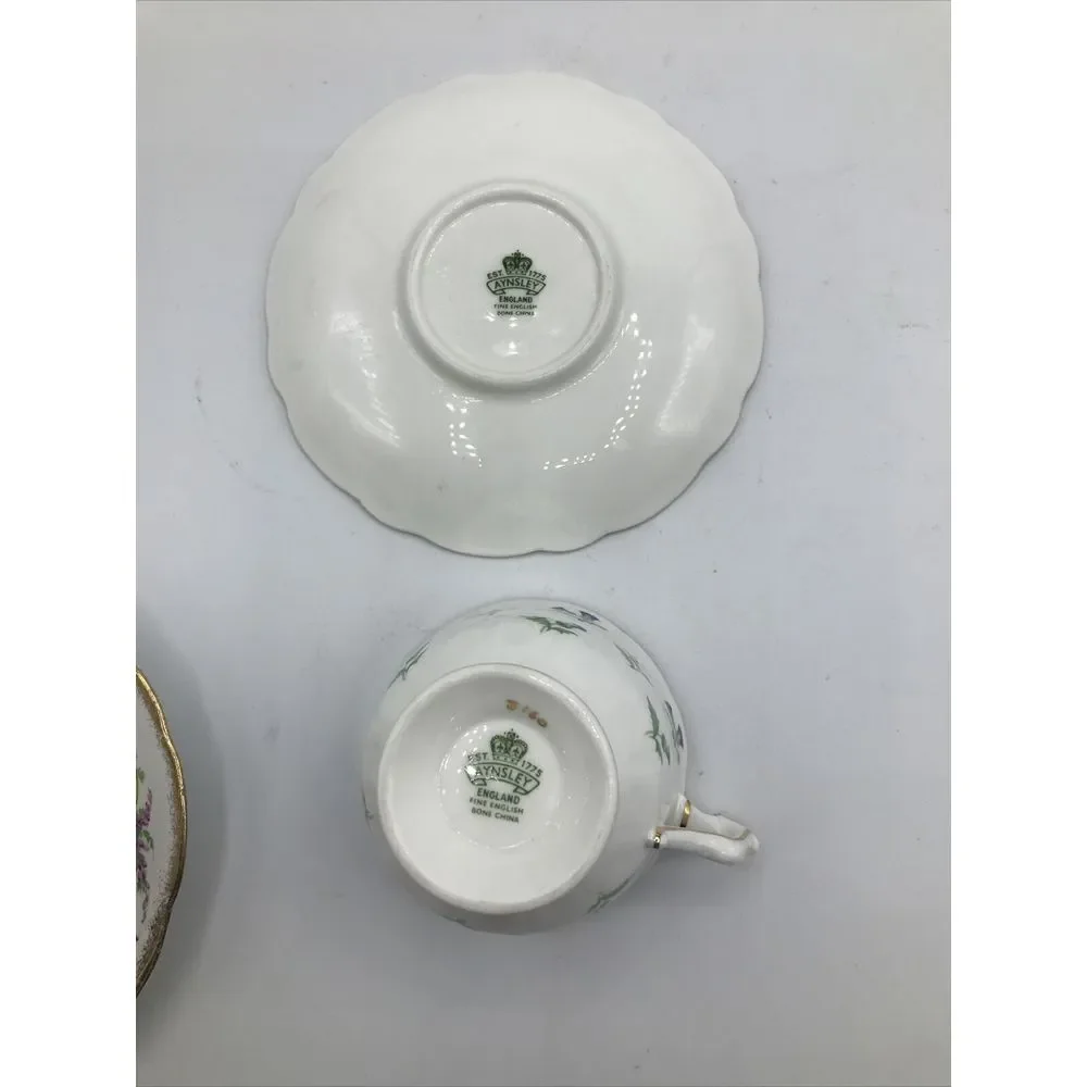 Aynsley Cup & Saucer Fine Bone China Footed w Purple Flowers Gold Trim‎
